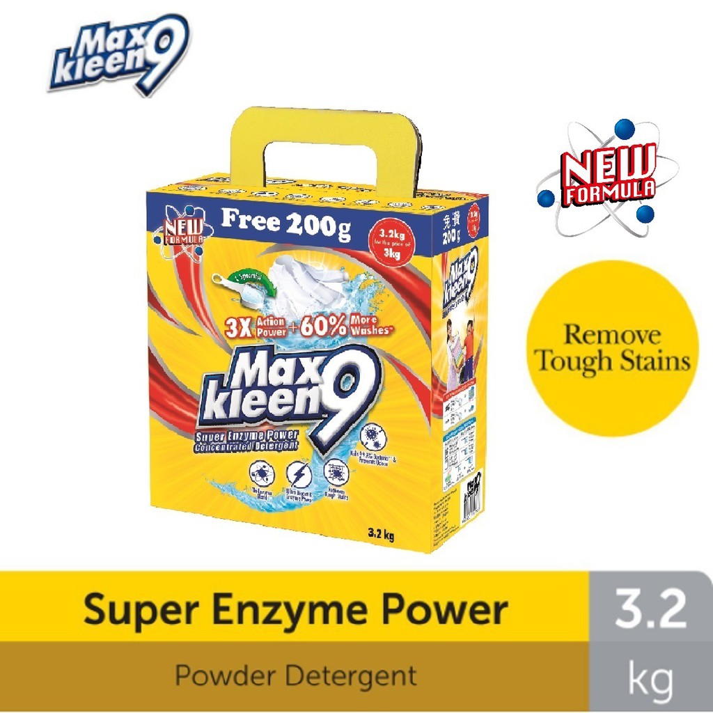 Maxkleen 9 Super Enzyme Powder Detergent (3kg) [Free 200g] Shopee