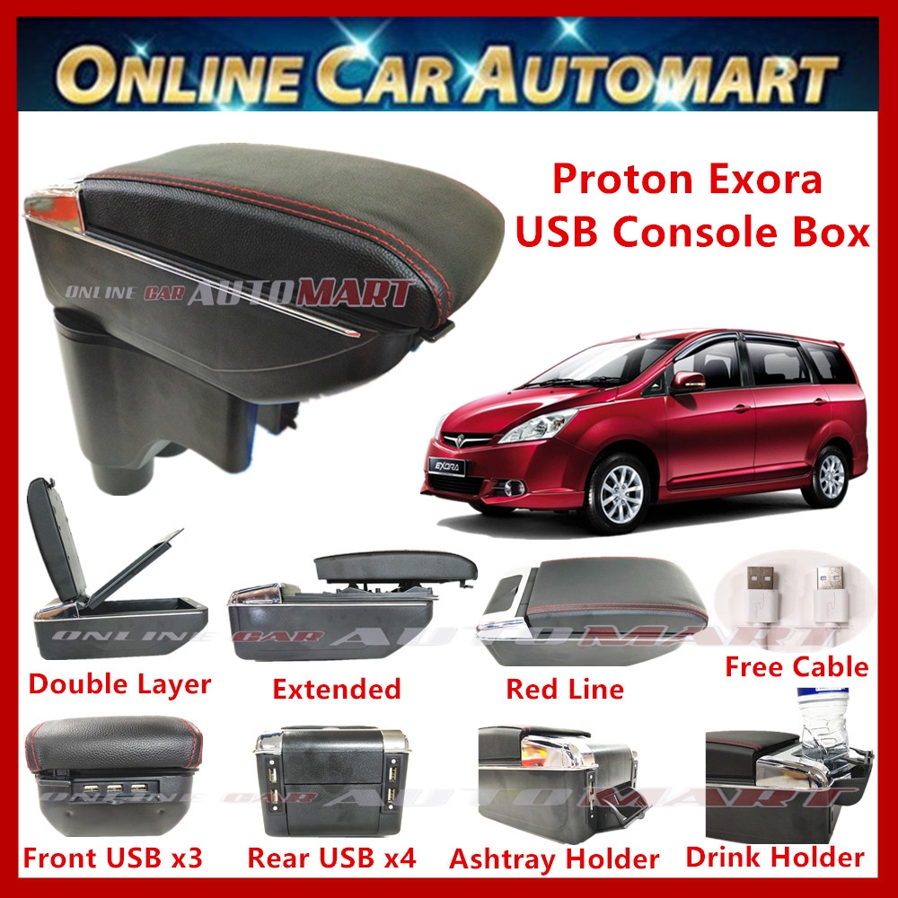 Proton Exora 7 USB Charger Port PVC Adjustable Arm Rest/Armrest Center Console Box (Red Line)