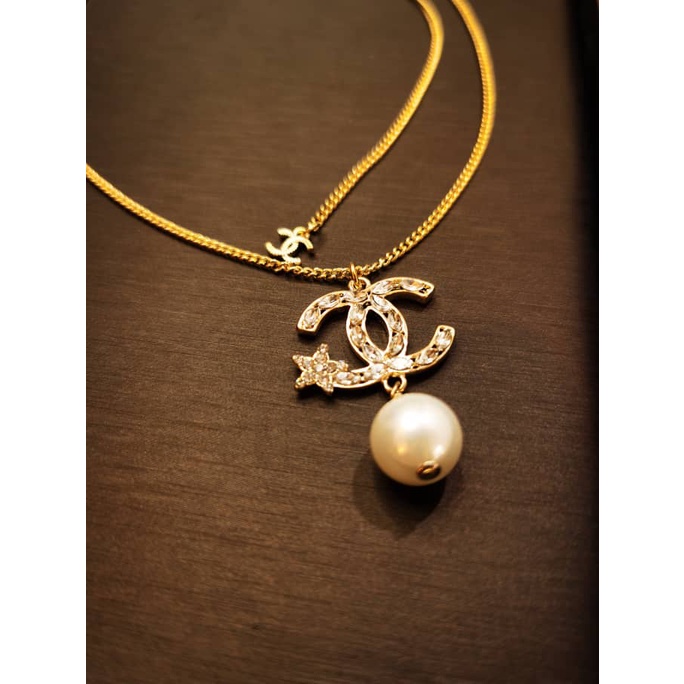 Chanel matt gold long pendant necklace double C with pearl drop 1:1 high  quality jewelry | Shopee Malaysia