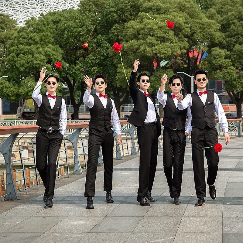 (Vest+Shirt+Trousers+Bow Tie 4-Piece Set) Western Style Wedding Best Groom Suit Stage, Business Dress Formal