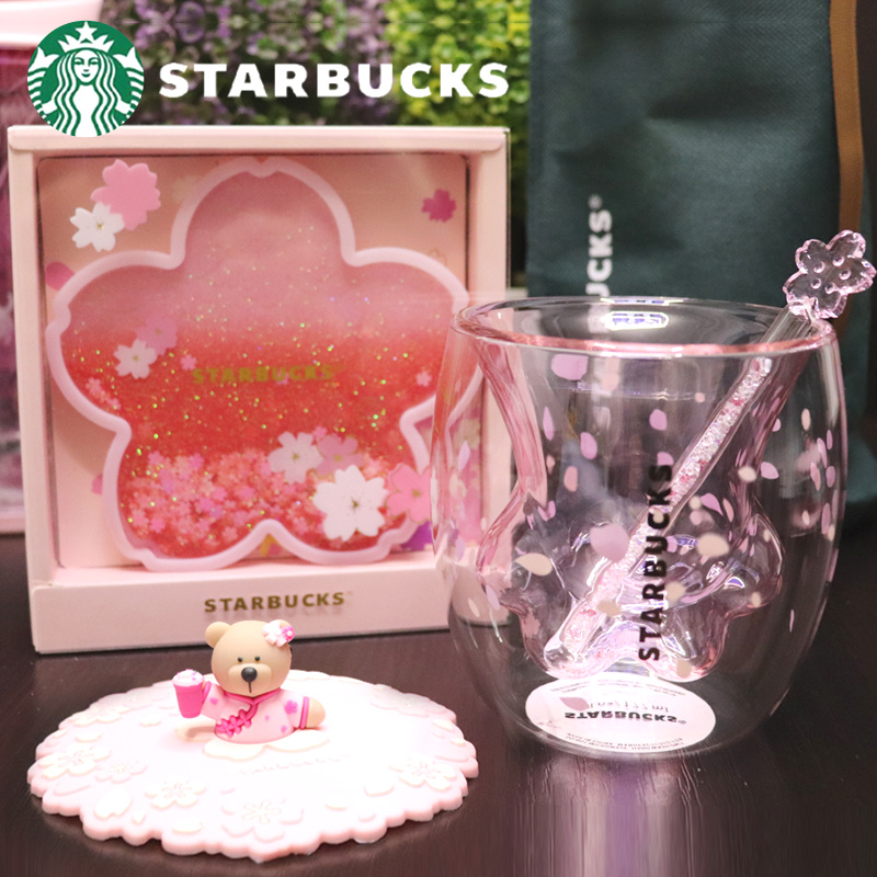 Starbucks Cat's Claw Purple Pink Sakura Cup Glass Mug W/Coaster& Lid & Rod Set 