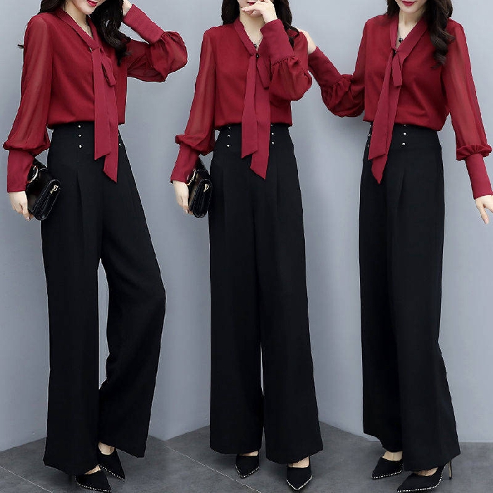 Wide Leg Pants + Blouse Fashion Suit 