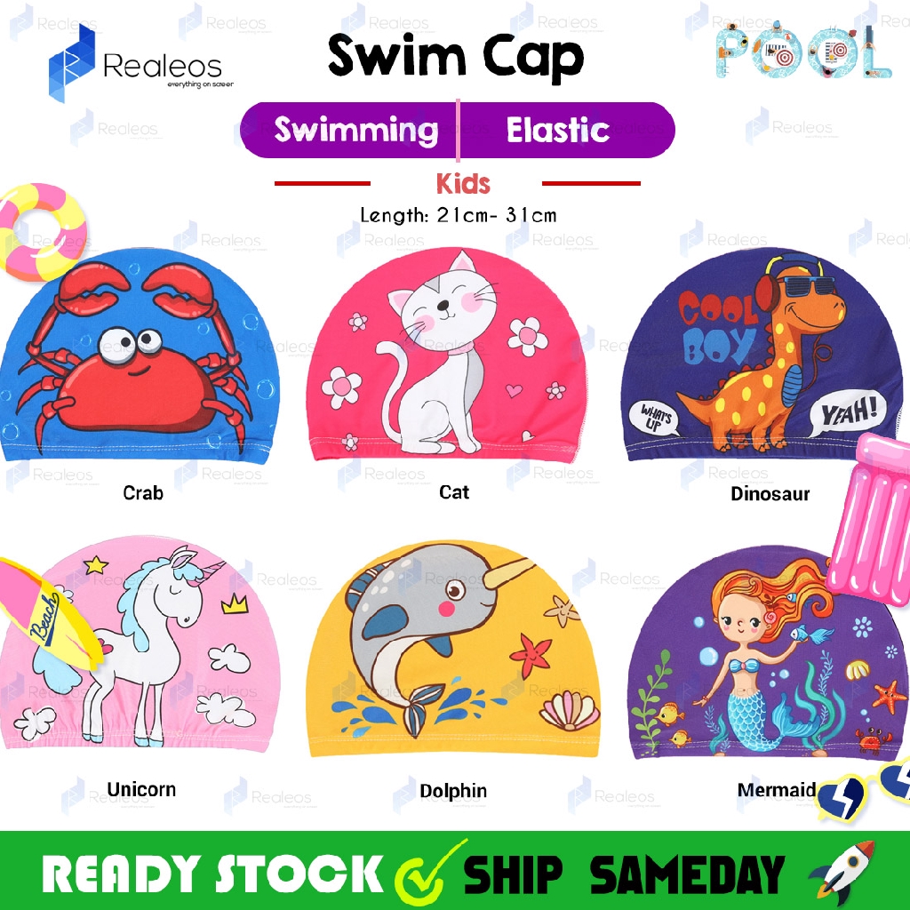 Realeos Kids Safety Cartoon Silicone Swimming Cap Elastic Waterproof Pool Beach Children Topi Renang Budak - R1002