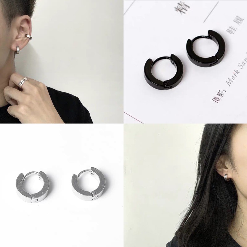 1 Pair (2pcs) Man Woman Fashion Black Sliver metal Unisex Guy Earring Round earing Anting anting Hitam ✨ready stock ✨