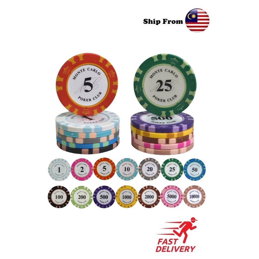 [ READY STOCK ] 14 g Premium Monte Carlo Casino Poker Chips Poker Set Texas Poker Game Playing Card Playing Chip 德州扑克筹码