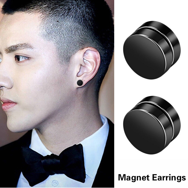 1Pair Punk Mens Strong Round Ear Stud,Non Piercing Earrings Fake Earrings