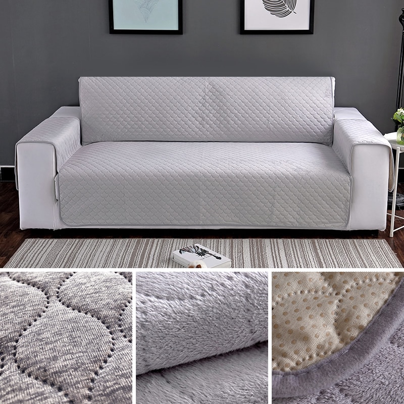 Plush Fabric Thick Sofa Cover With Pocket Removable Towel Armrest