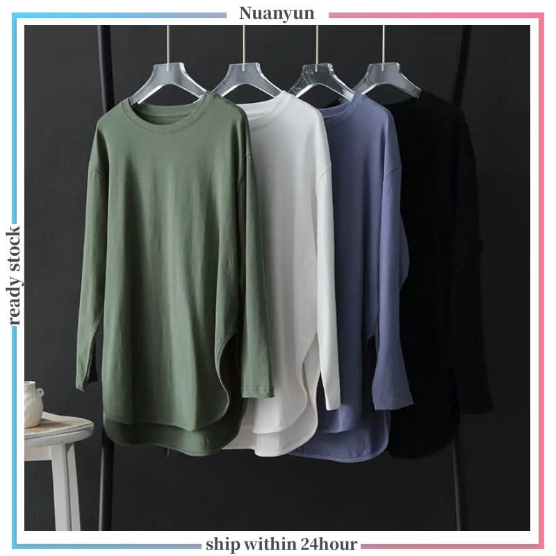 45-85KG✨Nuanyun✨Korean Style Irregular Arc Hem Slit Blouse Oversized Loose Long-sleeved T-shirt Soft Solid Color Plus Size Women's Clothing T-shirt wanita muslimah bersaiz besar