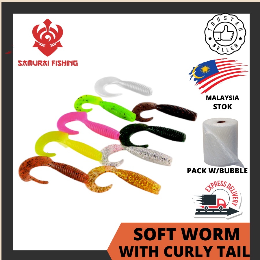 SAMURAI Curly Tail Soft Plastic Worm 5cm MATERIAL YANG LEMBUT READY STOCK MANCING IKAN SIAKAP