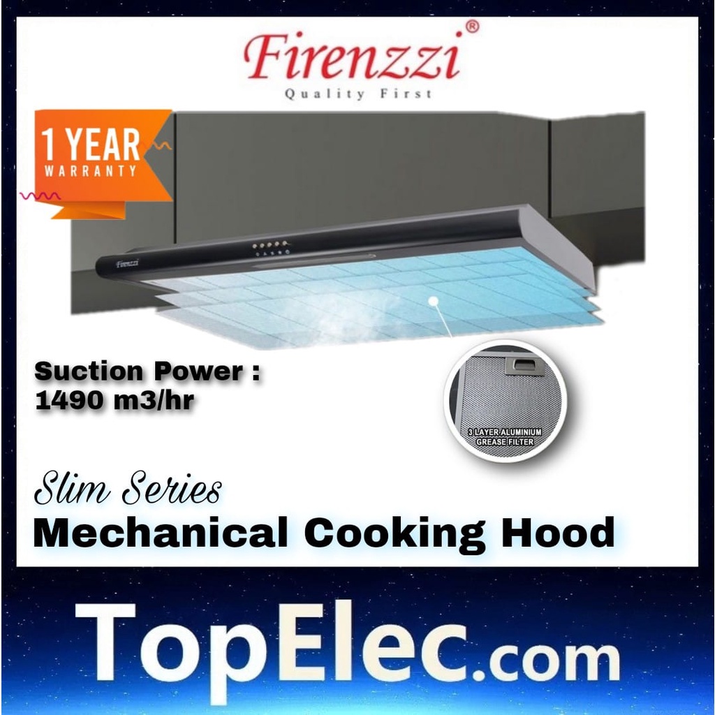 Firenzzi Low Noise Slim Mechanical Cooking Hood with Multi-layer Filter FH-902 XP FH902 XP (1490m3/hr) Topelec