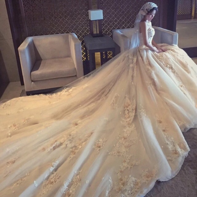 1 5m Long Train Lace Flowers Sexy Luxury Evening Dress Wedding