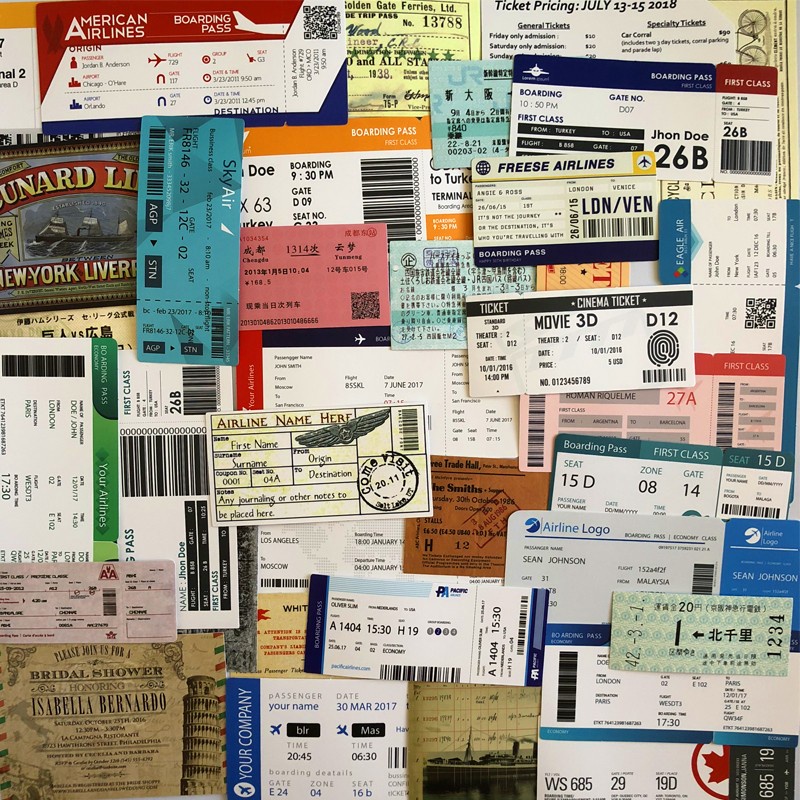 55 pcs train/car/bus/ferry tickets /55张复古登机牌行李箱贴纸车票船票旅行纪念标签邮戳贴画拉杆箱贴