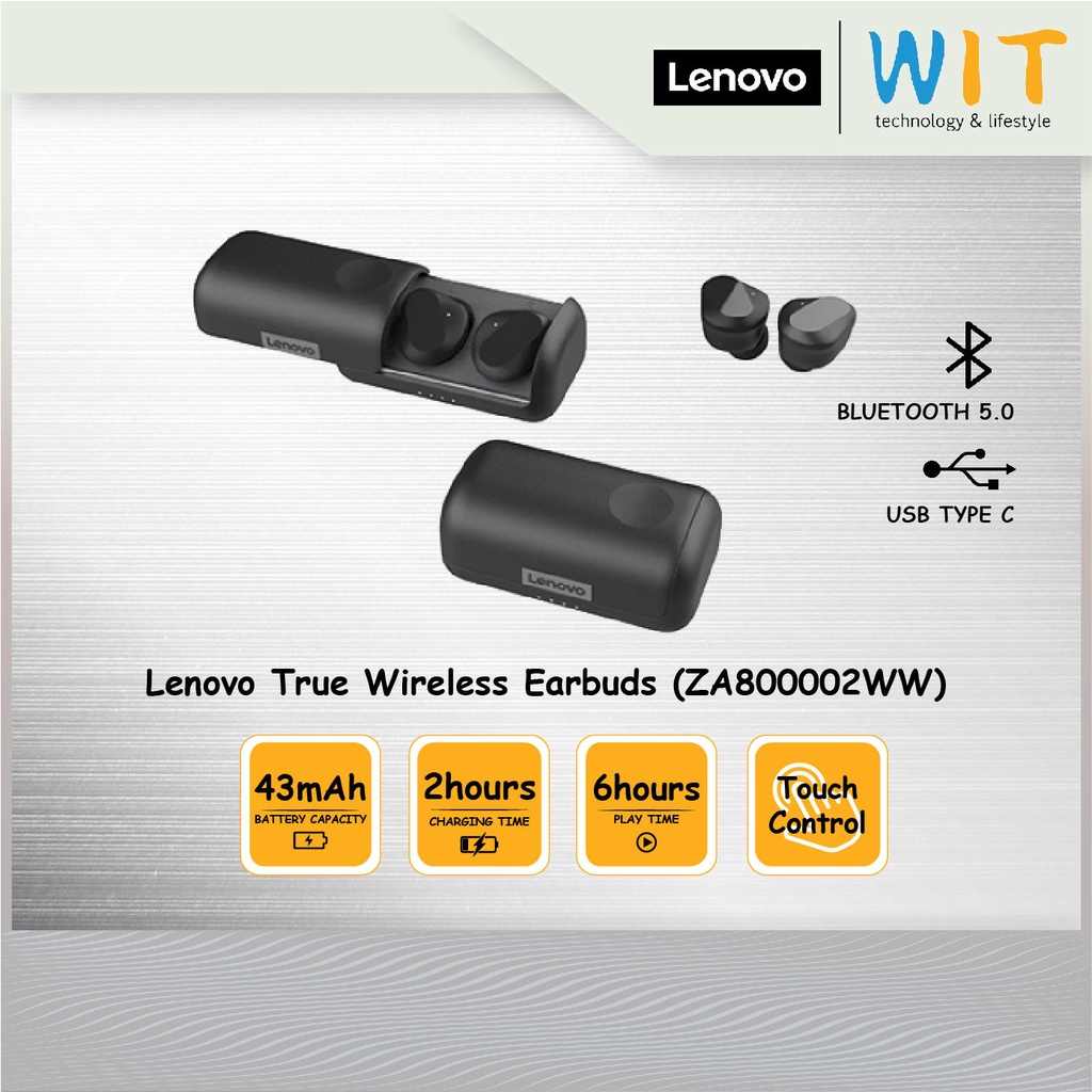 Lenovo True Wireless Earbuds ZA800002WW/Battery Capacity:43 mAh/Charging time : 2 Hours/Play time : 6 Hours/USB Type C