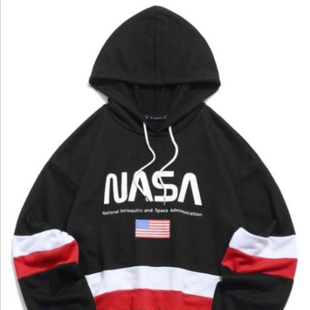 letter nasa patched long sleeve loose fitted sports hoodie