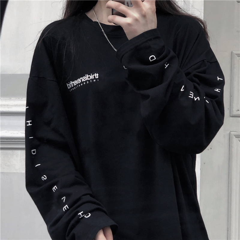 Spring Autumn New Harajuku Style Simple Alphabet White Bottoming Shirt Baju Perempuan T-shirt Lengan Panjang Loose Long-sleeve Tops Murah