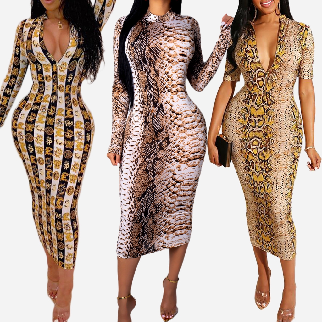 S-5XL Fashion Animal Skin Print Women Ladies Long Dresses | Shopee Malaysia