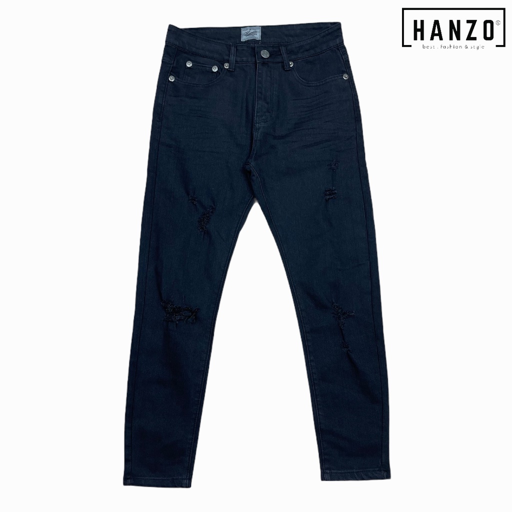 HANZO Men Ripped Skinny Fit Long Jeans - Black