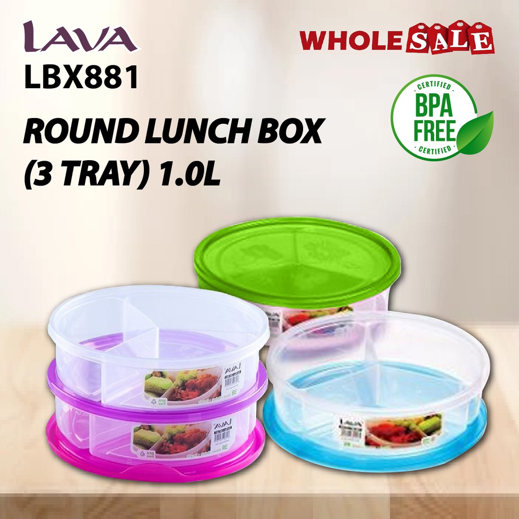 LAVA 1.0 Litre Round Lunch Box 3 Tray Compartments LBX 881 BPA Free/Bekas Makanan Bulat LAVA