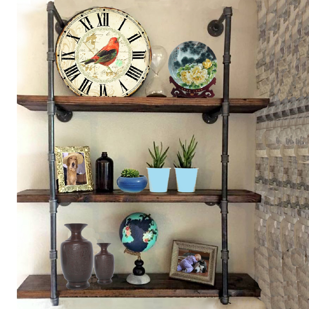 Industrial Retro Bookshelf Black Wall Ceiling Mounted Wallshelf Open Bookshelf Parts Bracket 3 Layer Iron Pipe Shelf