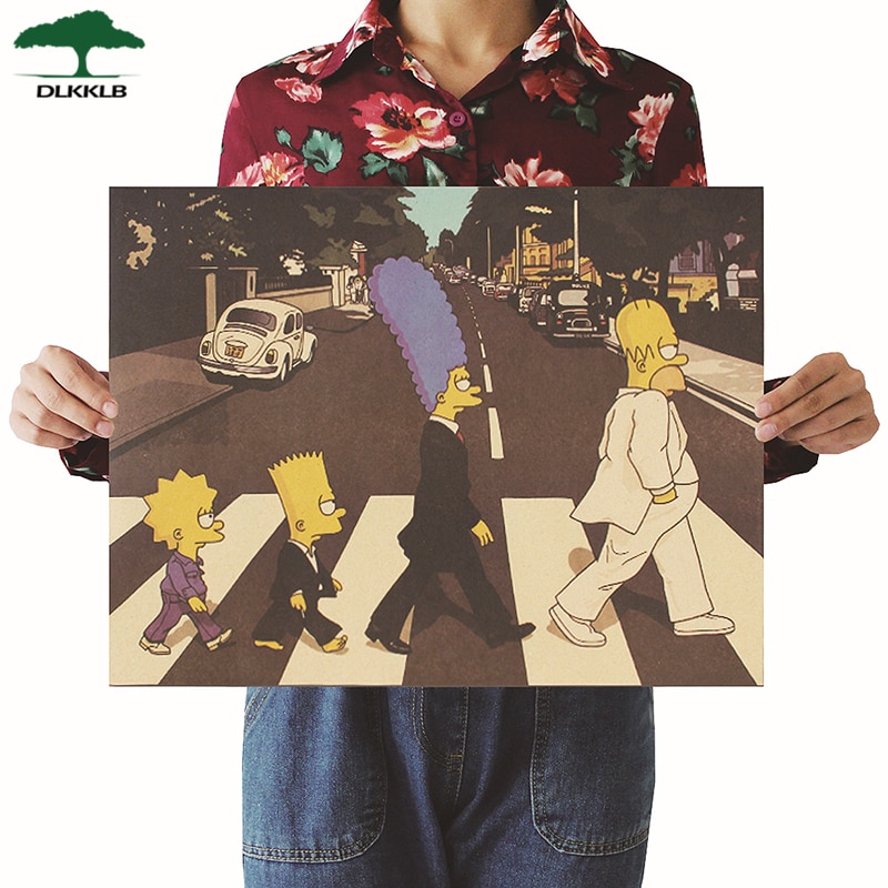 DLKKLB Classic Anime Poster The Simpsons Rock Band Style Crossing The Road Kraft Paper Cafe Decor Poster Wall Sticker