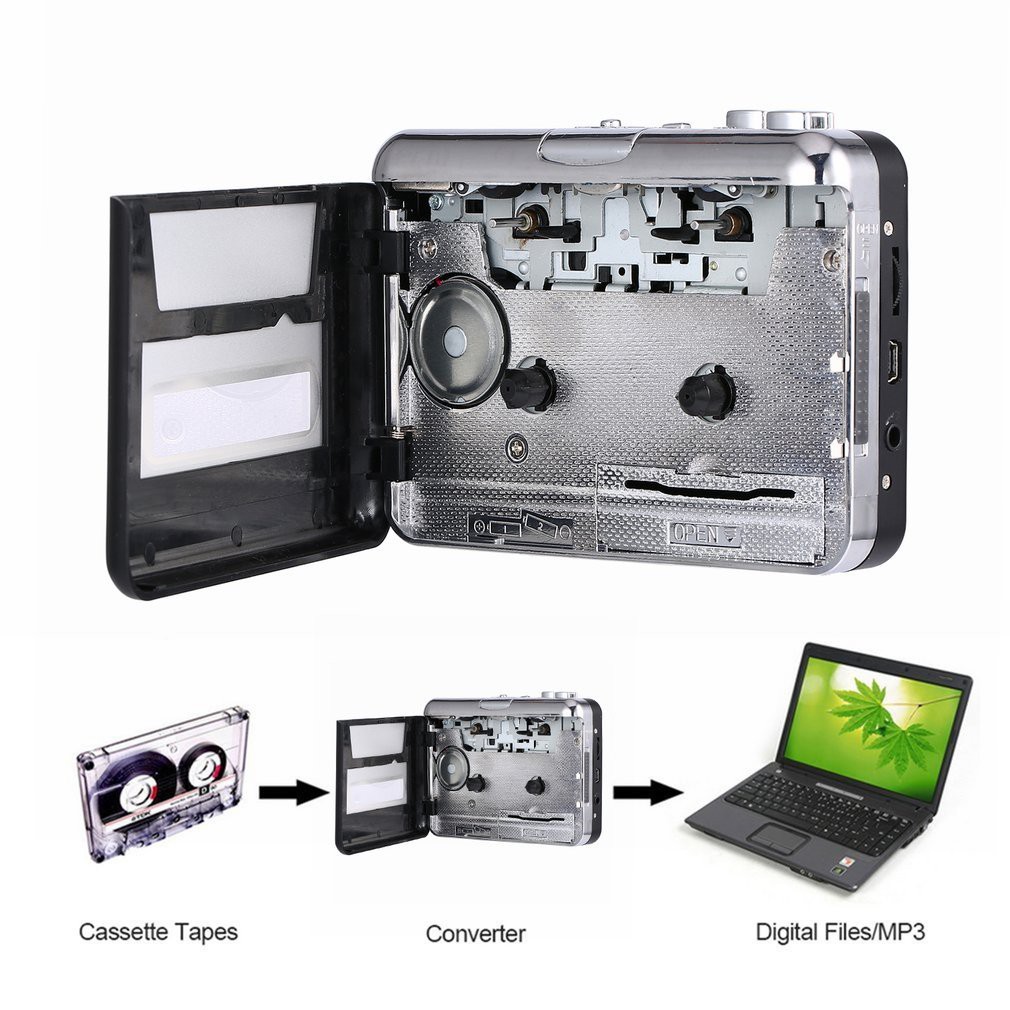 2019 Updated Cassette to MP3 Converter White Digital Files for Laptop PC and Mac with Headphones from Tapes to Mp3 New Technology,Silver USB Cassette Player from Tapes to MP3 