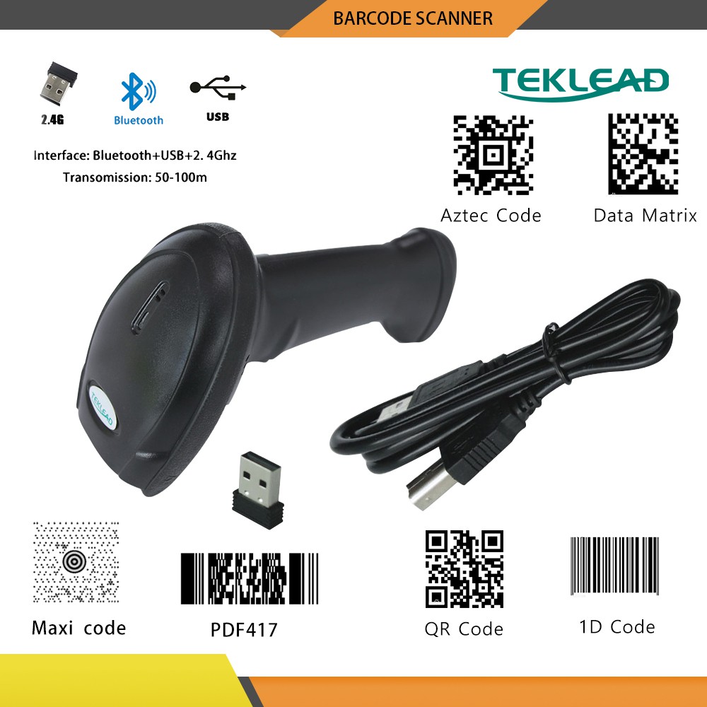 TEKLEAD barcode scanner 2d usb bluetooth 2.4g wireless usb wired barcode reader plug and play with adjustable stand