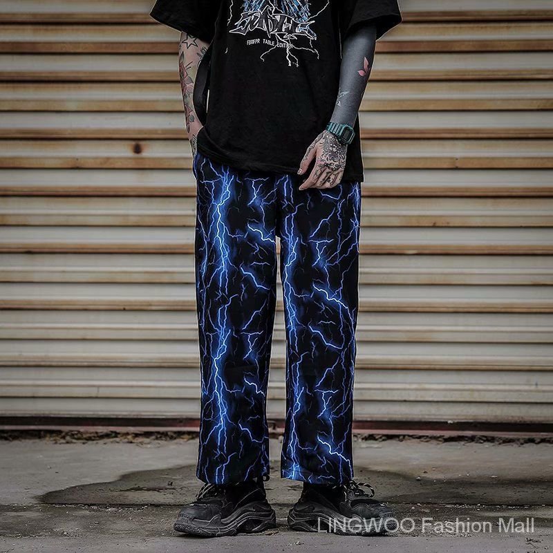 Casual Pants ins Summer Korean-Style Super Fire Lightning Printing  HarajukubfWind High Street Wide Leg Pants Straight Casual Pants for Men and  Women Fashion | Shopee Malaysia