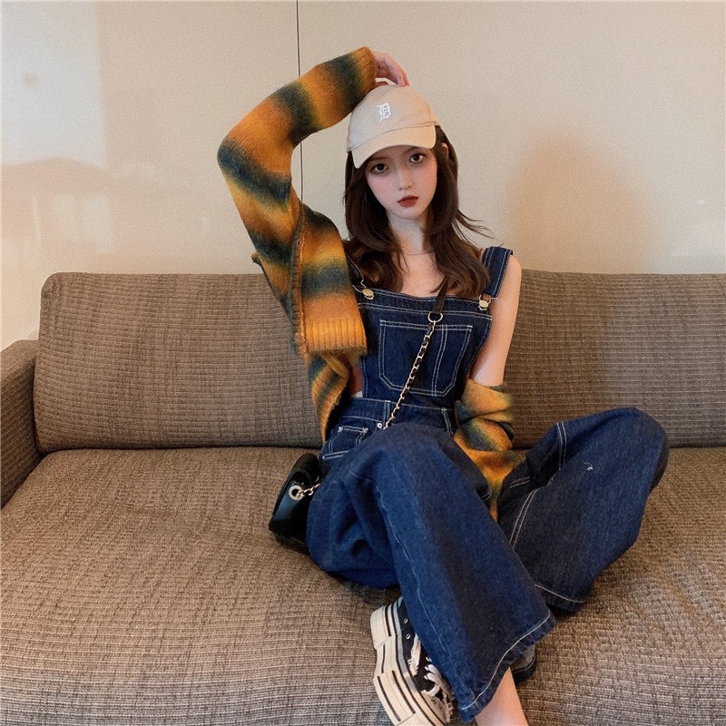 【SW31】Colour Mix Cardigan + Loose Straight Leg Denim Jumpsuit 混色开衬外套 + 宽松直筒牛仔背带裤