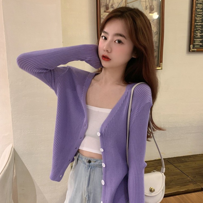 purple cardigan