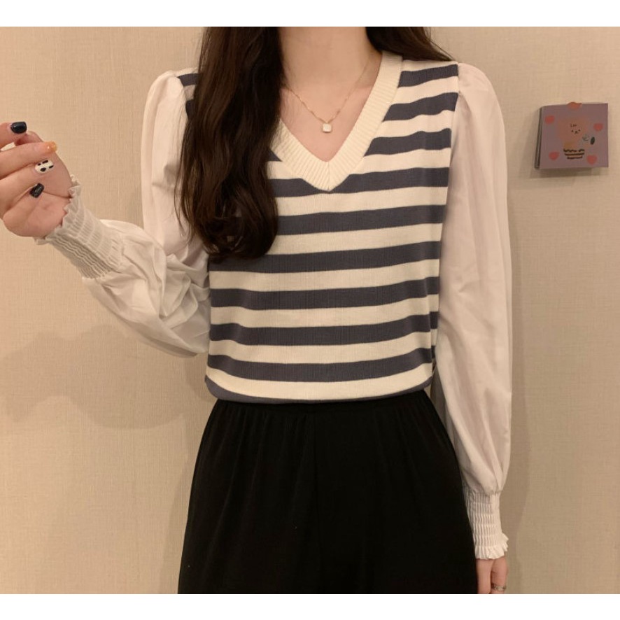 SA2991 -Fesyen Baju Siap Stok Malaysia. Ready Stock Knitted Material Women Top Knitwear条纹短袖针织