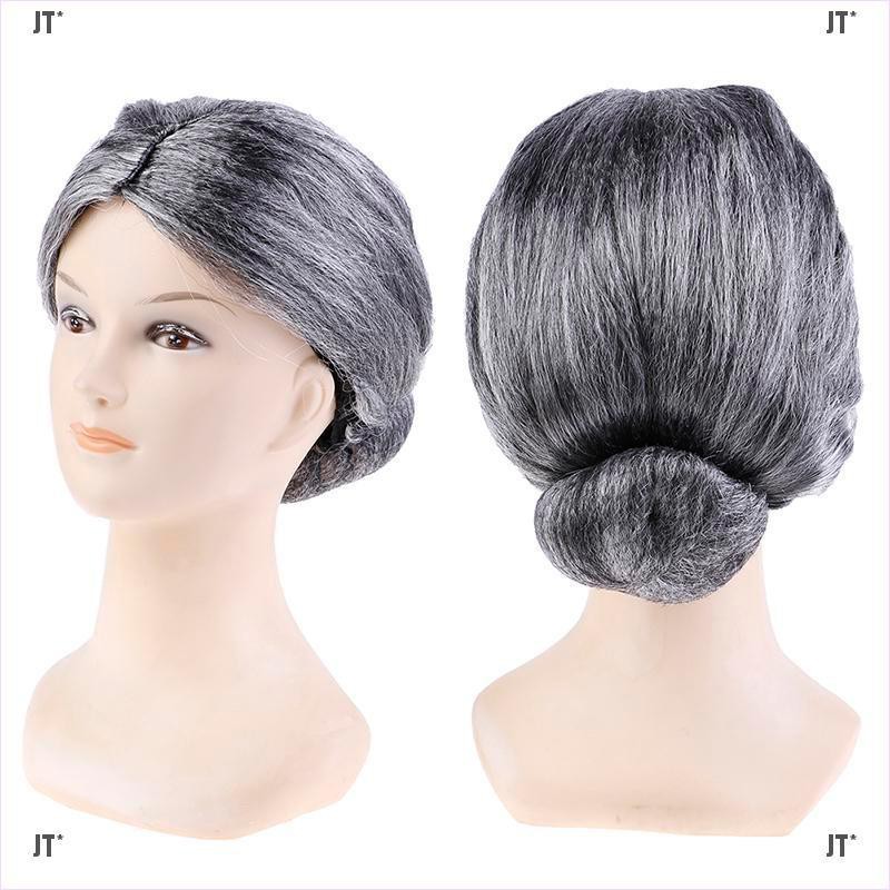 Jt Old Lady Grandma Granny Grey Wig Bun Hair Grand Mother Fancy