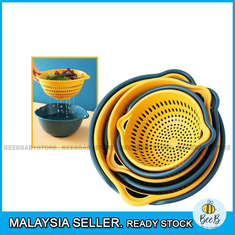Dua Lapisan Bakul Penapis Multifunctional Fruit Vegetable Double Layer Drain Storage Basket Rice Washing Colander BTP