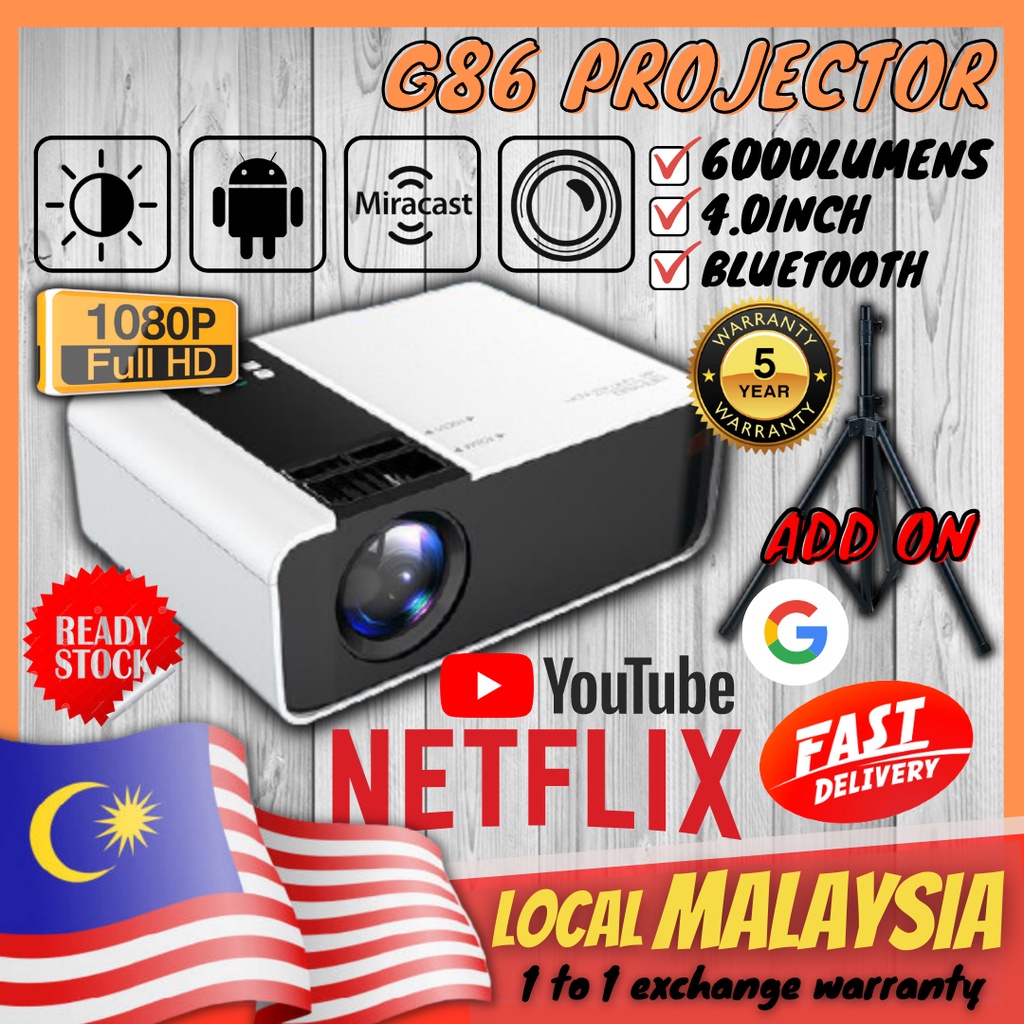 💝5 Years Warranty 💝 6000 lumens G86 Projector FULL HD 1080P Android Mini Projector WIFI LCD Led A80 Protable Projector