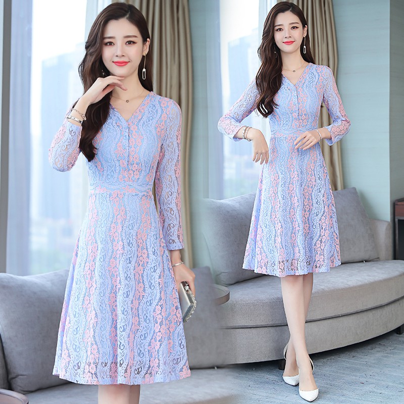 Korean Women's Clothing Vintage Long Sleeve Slim Lace Midi Blue A-Line ...