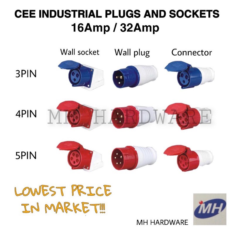 INDUSTRIAL PLUG WALL SOCKET CONNECTOR (16A 32A) 3 PIN 4 PIN 5 PIN BLUE