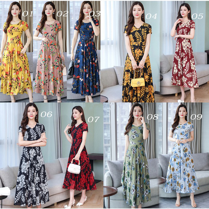 Women's Maxi Dress Summer Floral Print Flower Round Neck Short Sleeve Loose Long Maxi Dress for Women