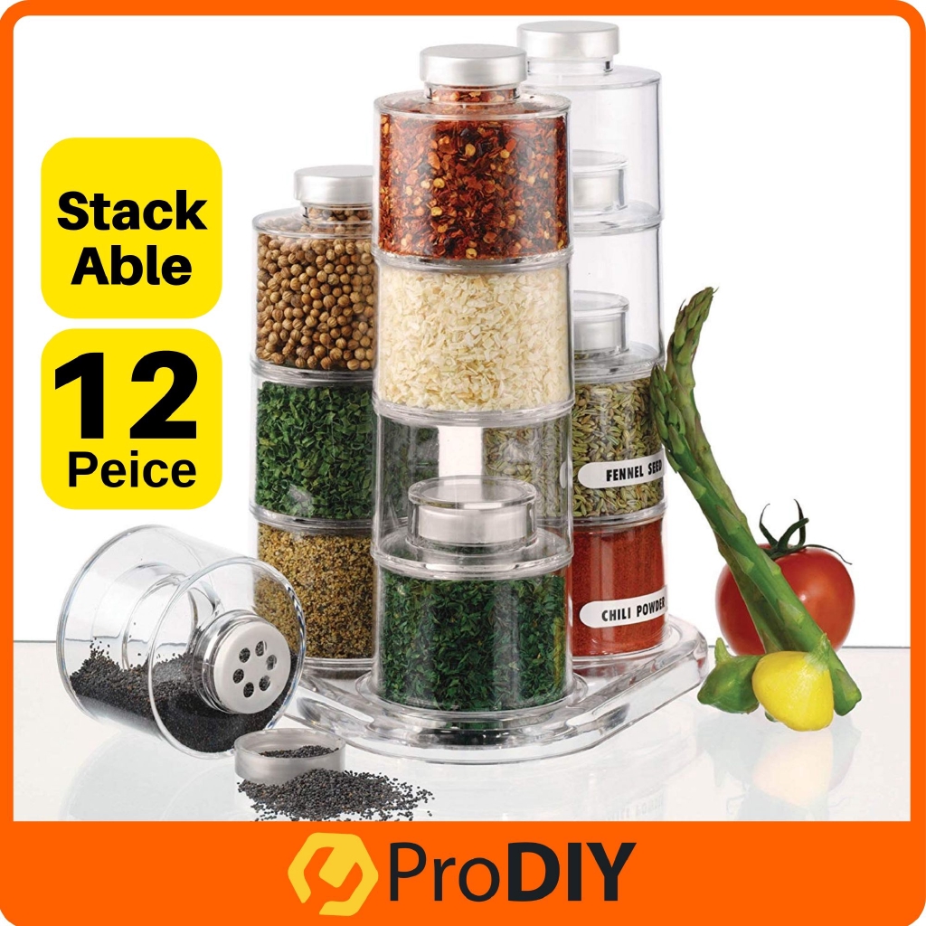 12Pcs Spice Jar Rack Condiment Pots Storage Seasoning 12 Self-Stacking Bottles Dispenser Set