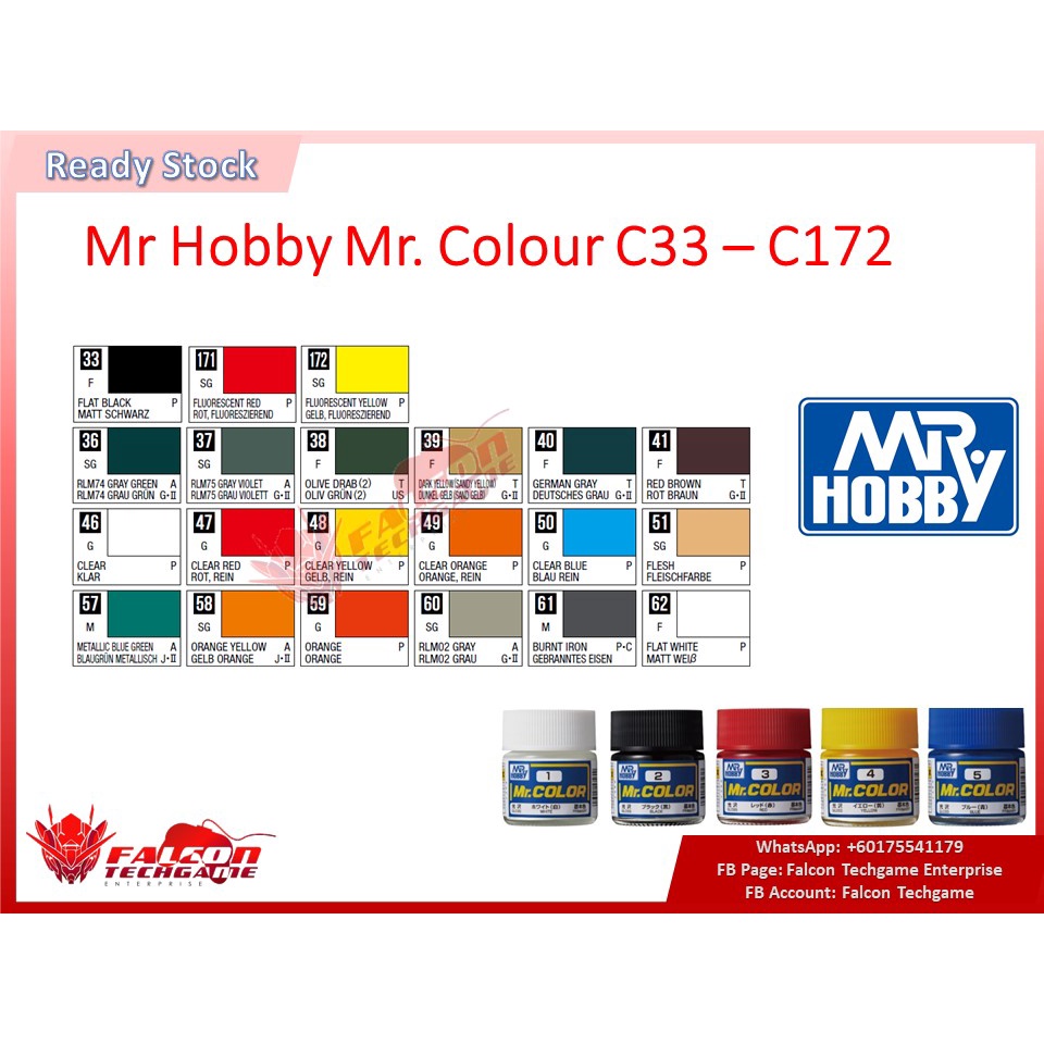 Mr Hobby C33 - C172 Mr Color Flat Black Clear Clear Red Yellow Orange Blue Orange Flat White Florescent Red Yellow