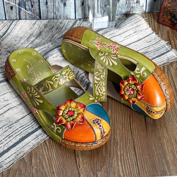 socofy vintage colorful leather hollow out backless flower shoes