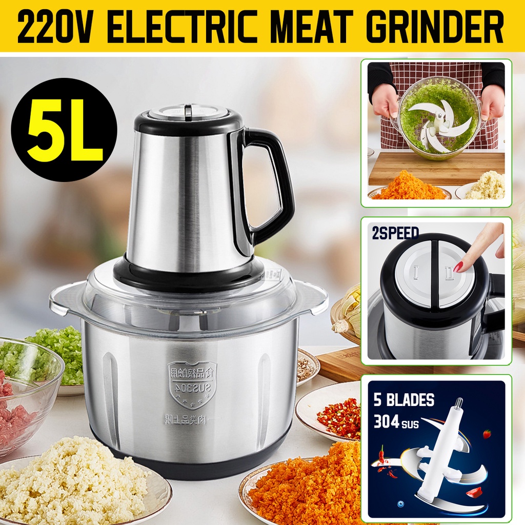 450W 5L 2 Speeds Electric Meat Grinder Kitchen Chopper Stainless Steel Mincer Food Processor Garlic Crusher Egg Beater Slicer