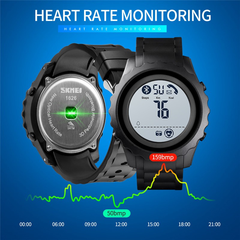 SKMEI Bluetooth Smart Watch Fashion LED Sports Pedometer Calories Heart Rate Wristwatch App Remind Remote Camera Clock