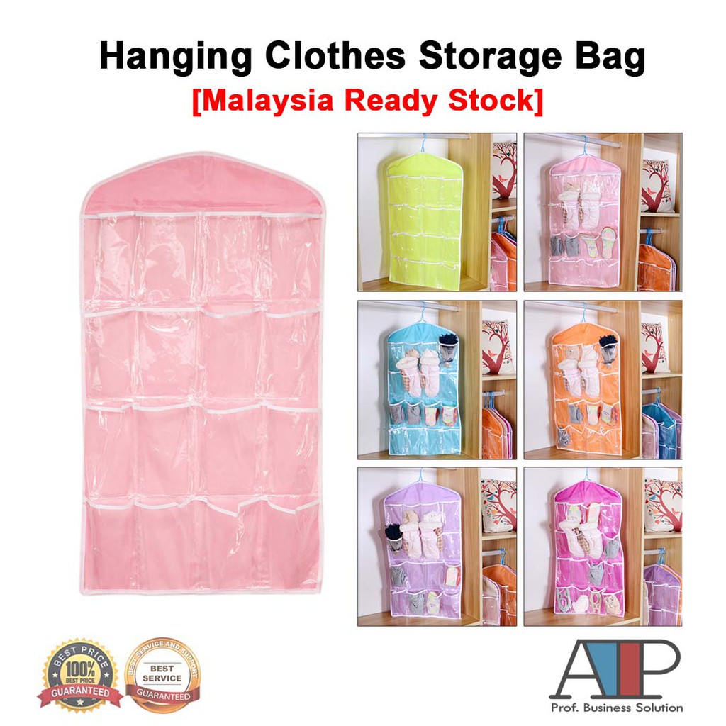 16 Pockets Clear Hanging Bag Socks Bra Underwear Rack Hanger Storage