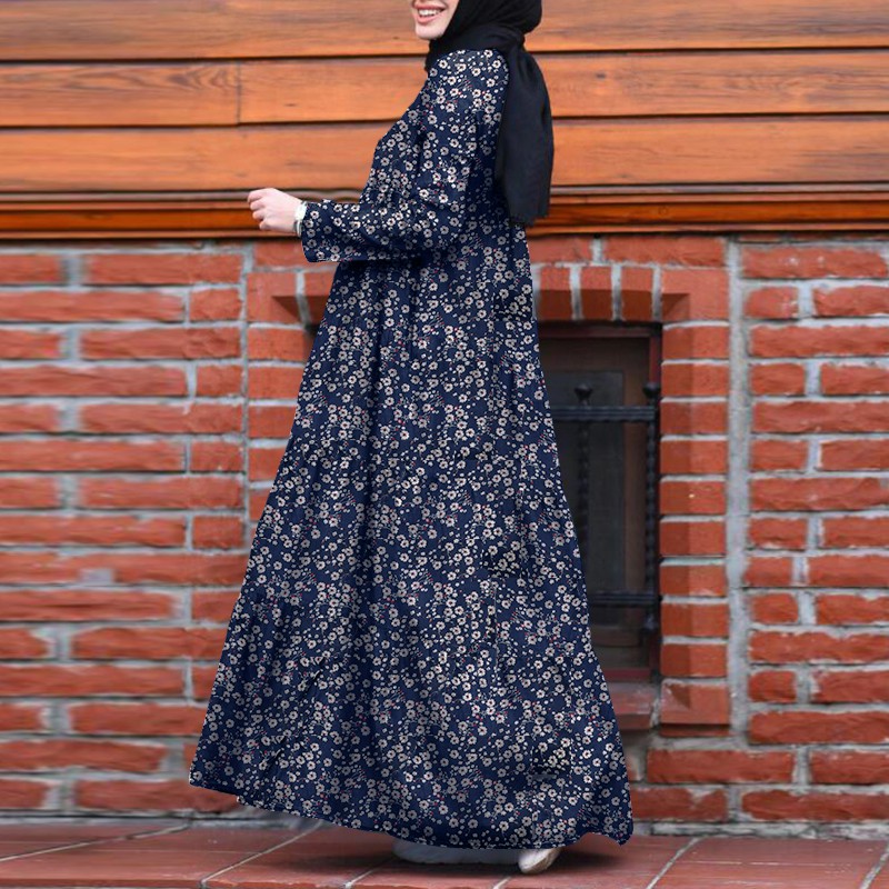 ZANZEA Women Full Sleeve Vintage Back Zipper Printed Muslim Long Dress #4
