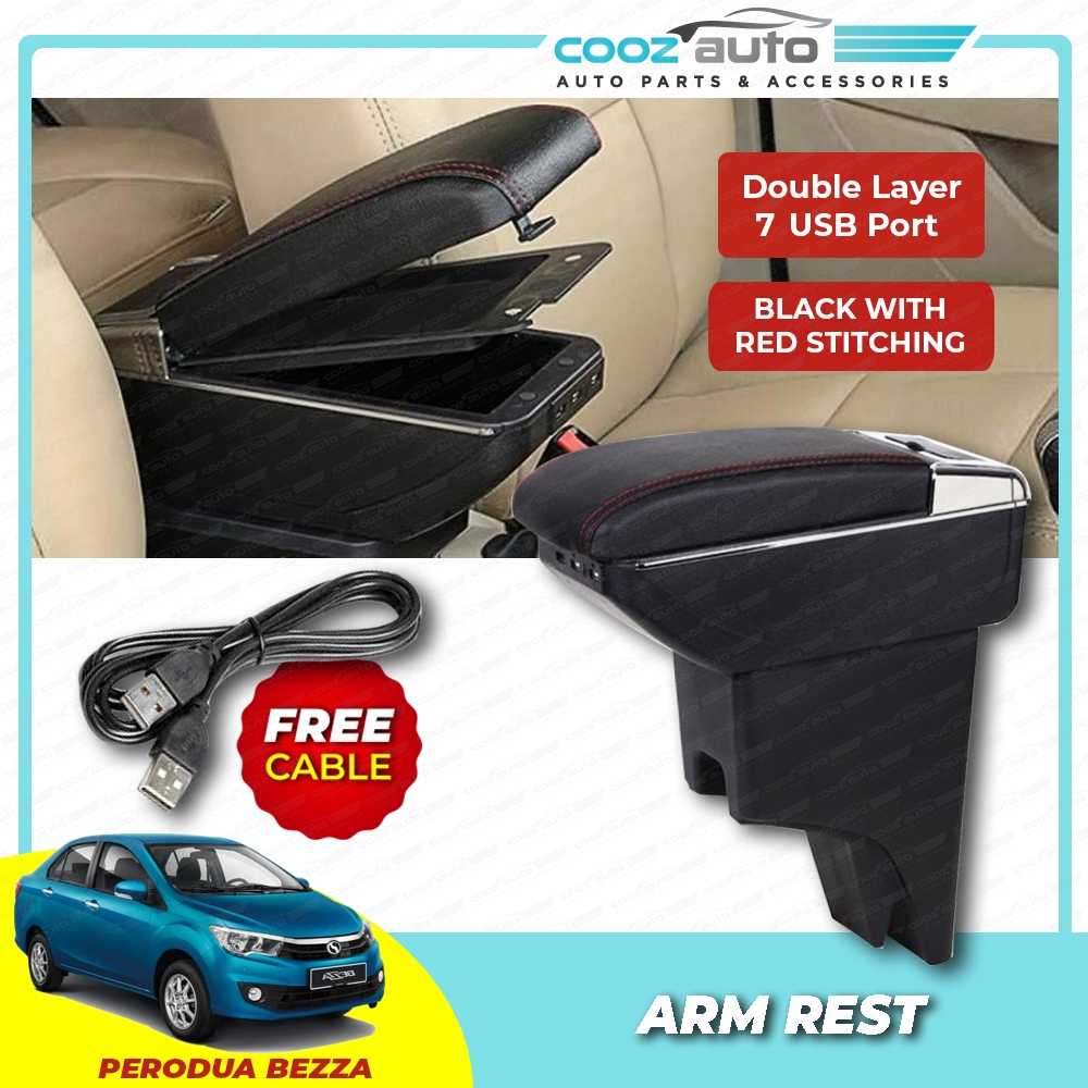 Perodua Bezza 7 USB Double Layer Arm Rest Armrest Console Black Leather