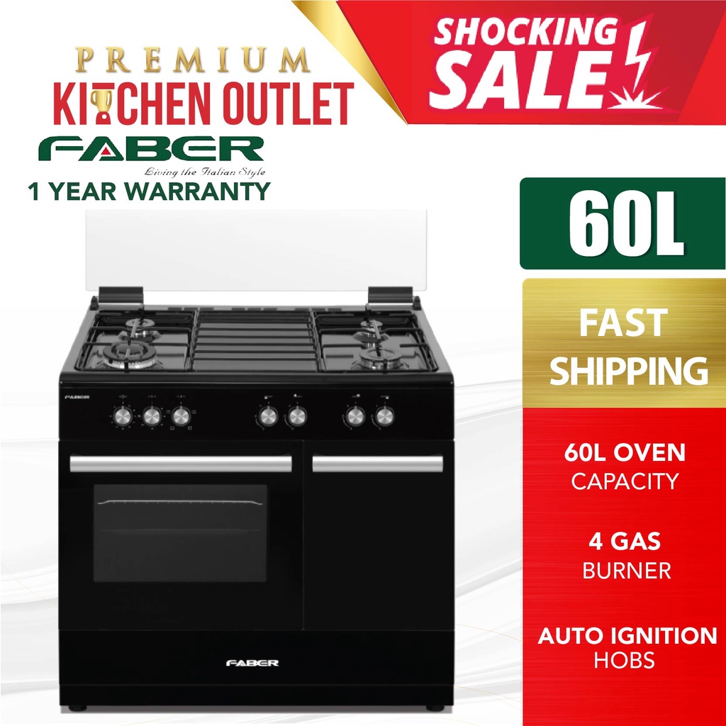 Faber 60L 4 Burners Free Standing Gas Cooker w Gas Oven FISSO 9840G/BK