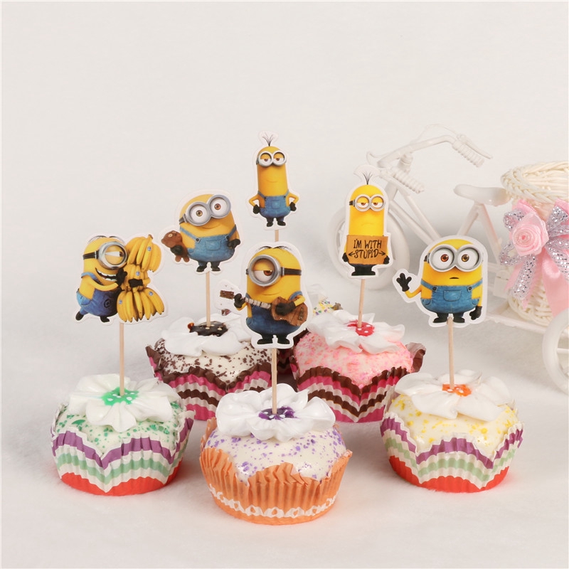 24pcs Lot Cartoon Minions Cake Toppers Kids Baby Birthday Party