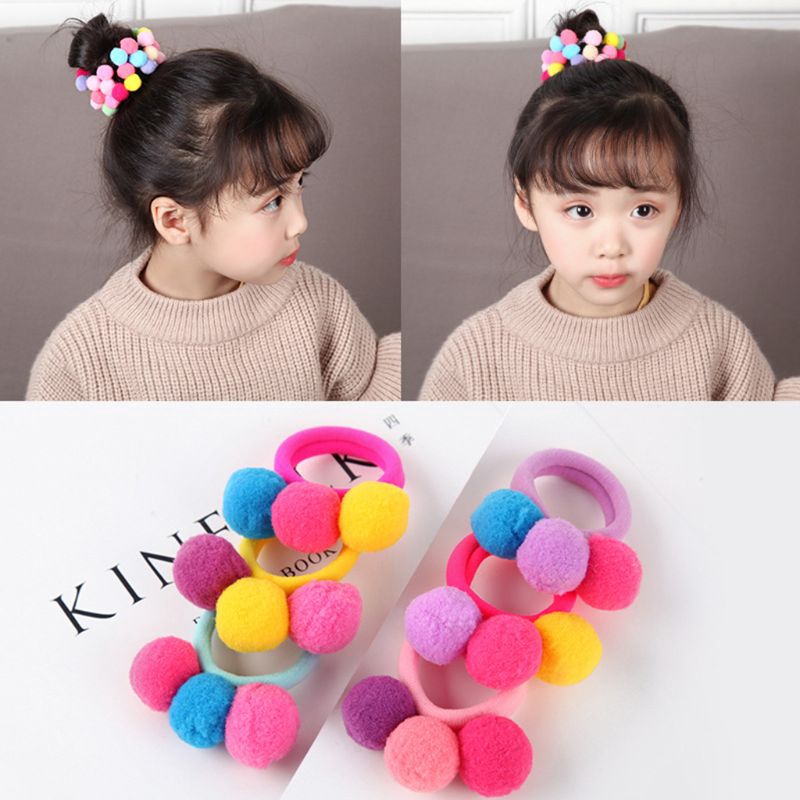 De Children Girl Bright Pompom Ball Hair Tie Rubber Band Princess