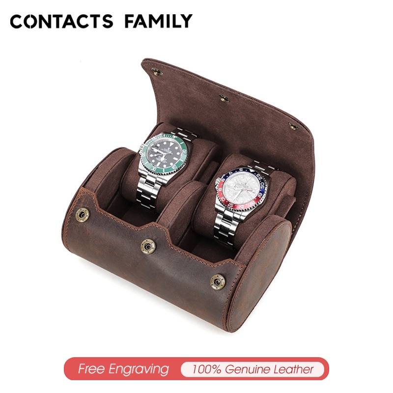 CONTACTS Family Retro 2 Slots Watch Roll Case Travel Portable Leather Display Organizer with Slid