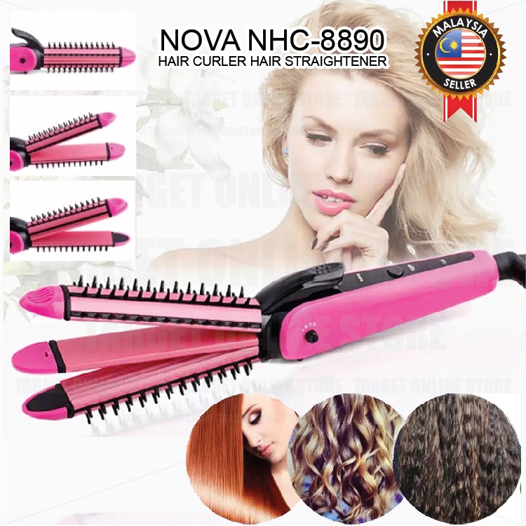 Nova NHC-8890 3 in 1 Hair Comb Iron Straightener/Curler/Waffle Styler Sikat  Rambut 3 Dalam 1 | Shopee Malaysia