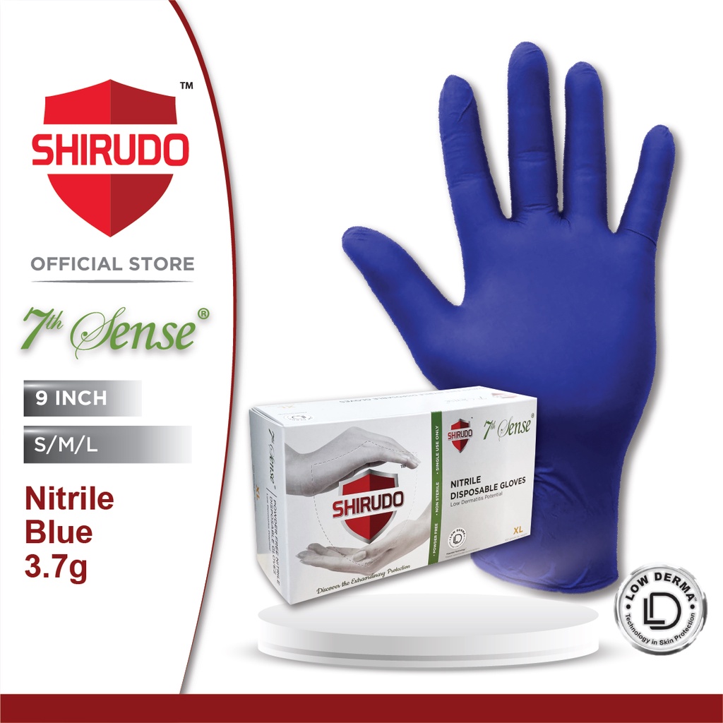 Shirudo 7th Sense Nitrile Disposable Glove Blue Low Derma (9"/3.7g